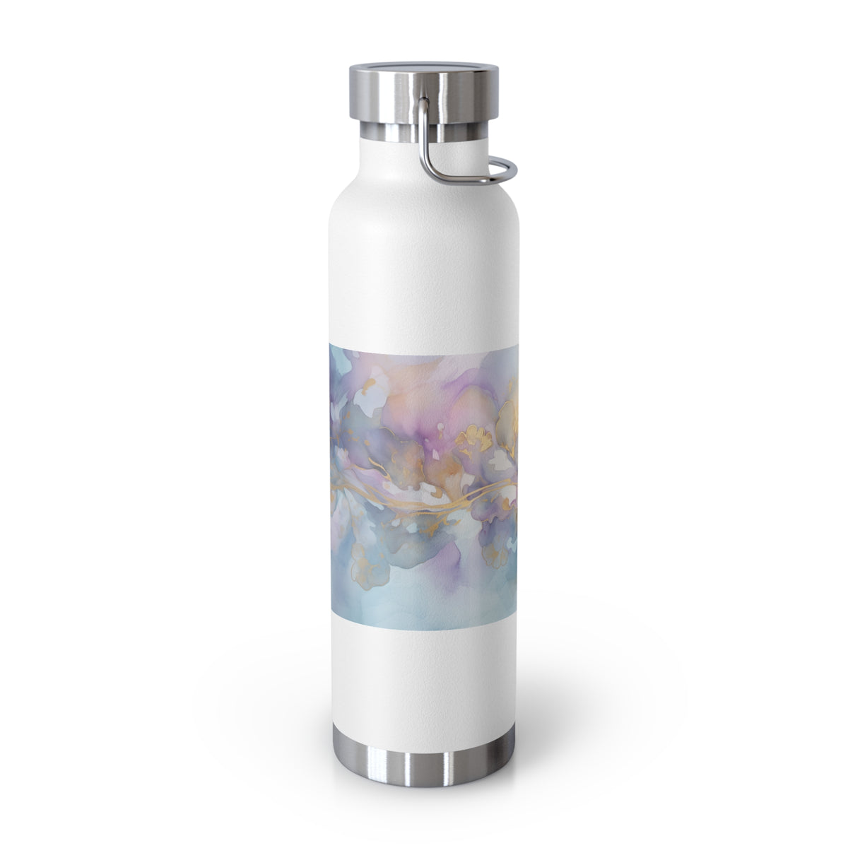 Orchid Purple, Teal Blue, Watercolour, Gold Streaks, Marbled, Copper Vacuum Insulated Bottle, 22oz