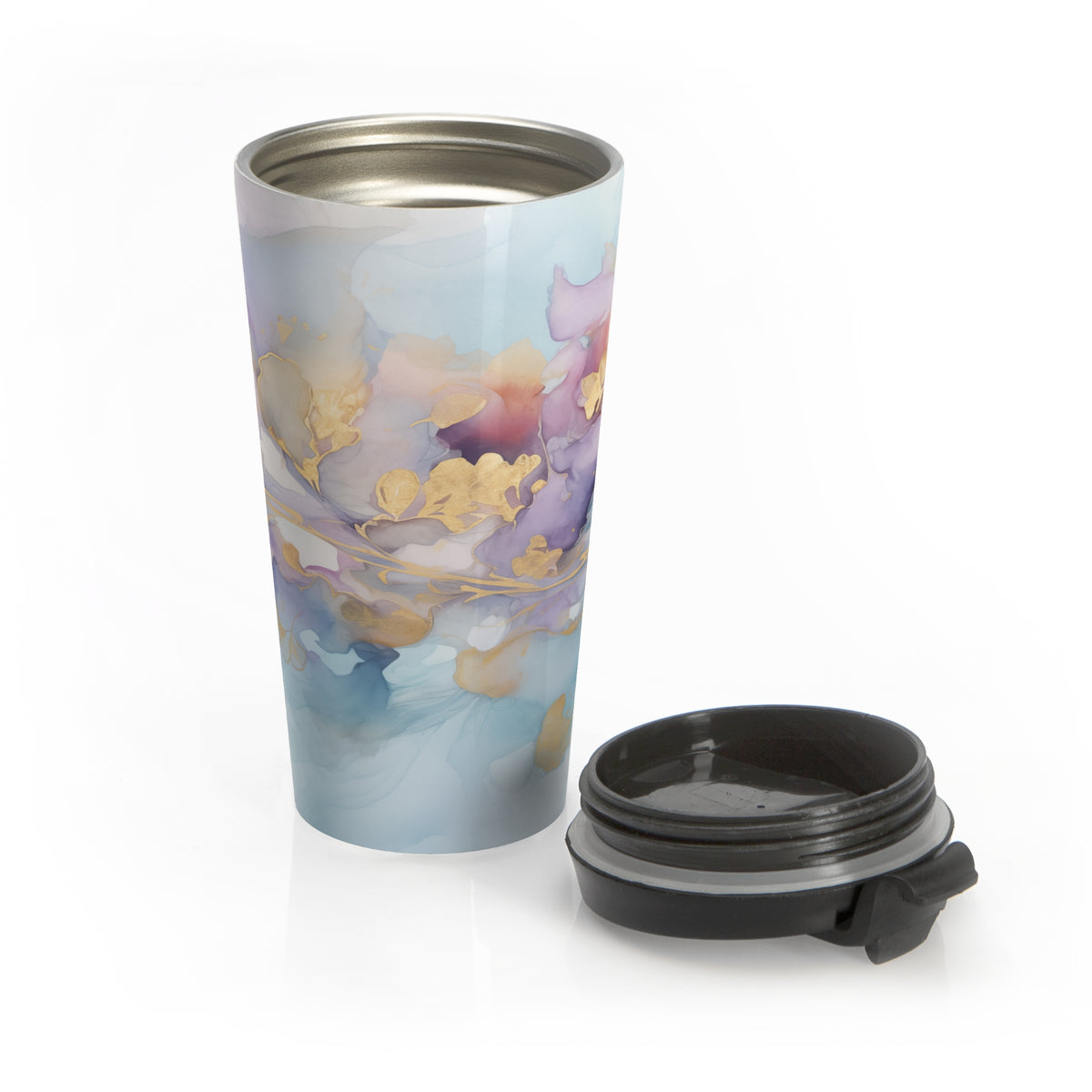 Orchid Purple, Teal Blue, Watercolour, Gold Streaks, Marbled, Stainless Steel Travel Mug