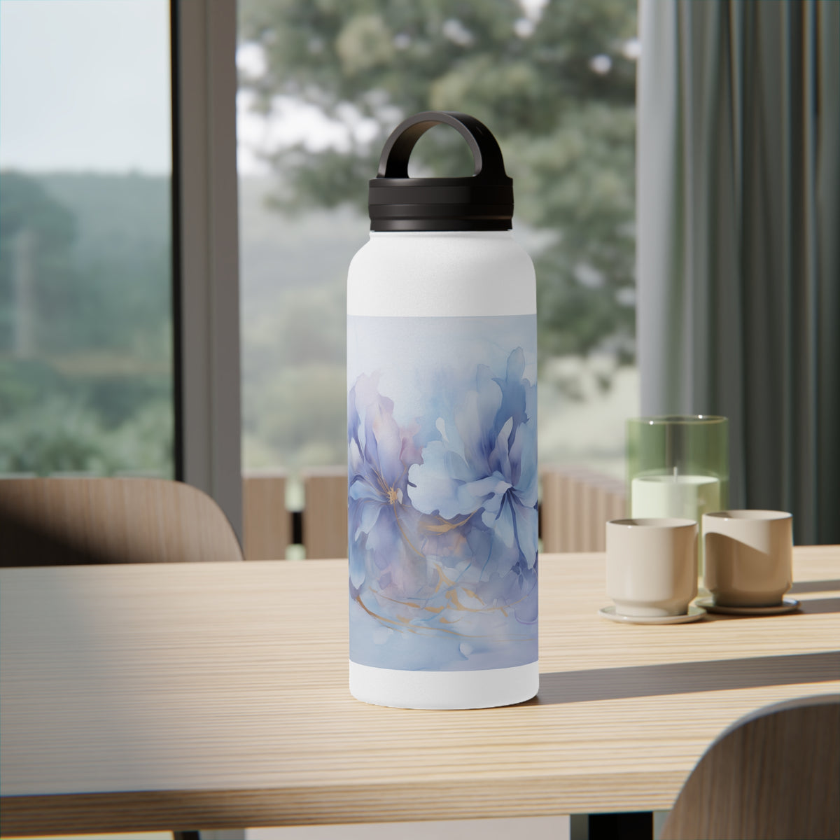 Ultramarine Blue, Payne's Gray, Pale Lavender, Watercolour, Gold Streaks, Marbled, Stainless Steel Water Bottle, Handle Lid