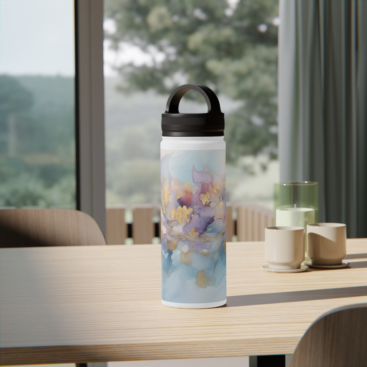 Orchid Purple, Teal Blue, Watercolour, Gold Streaks, Marbled, Stainless Steel Water Bottle, Handle Lid