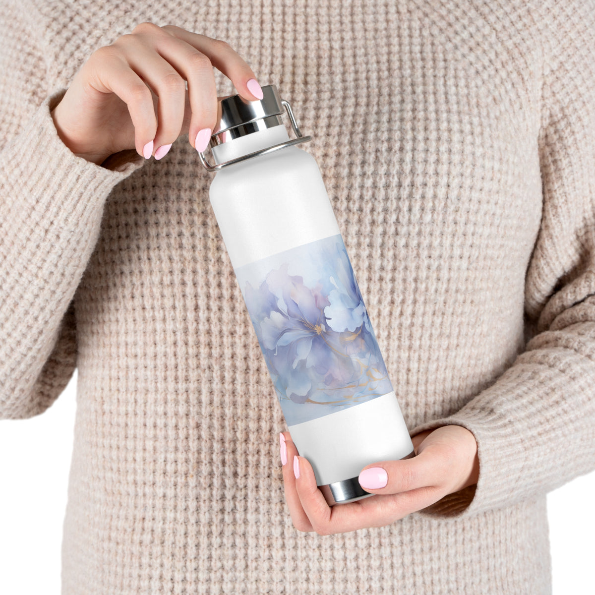 Ultramarine Blue, Payne's Gray, Pale Lavender, Watercolour, Gold Streaks, Marbled, Copper Vacuum Insulated Bottle, 22oz