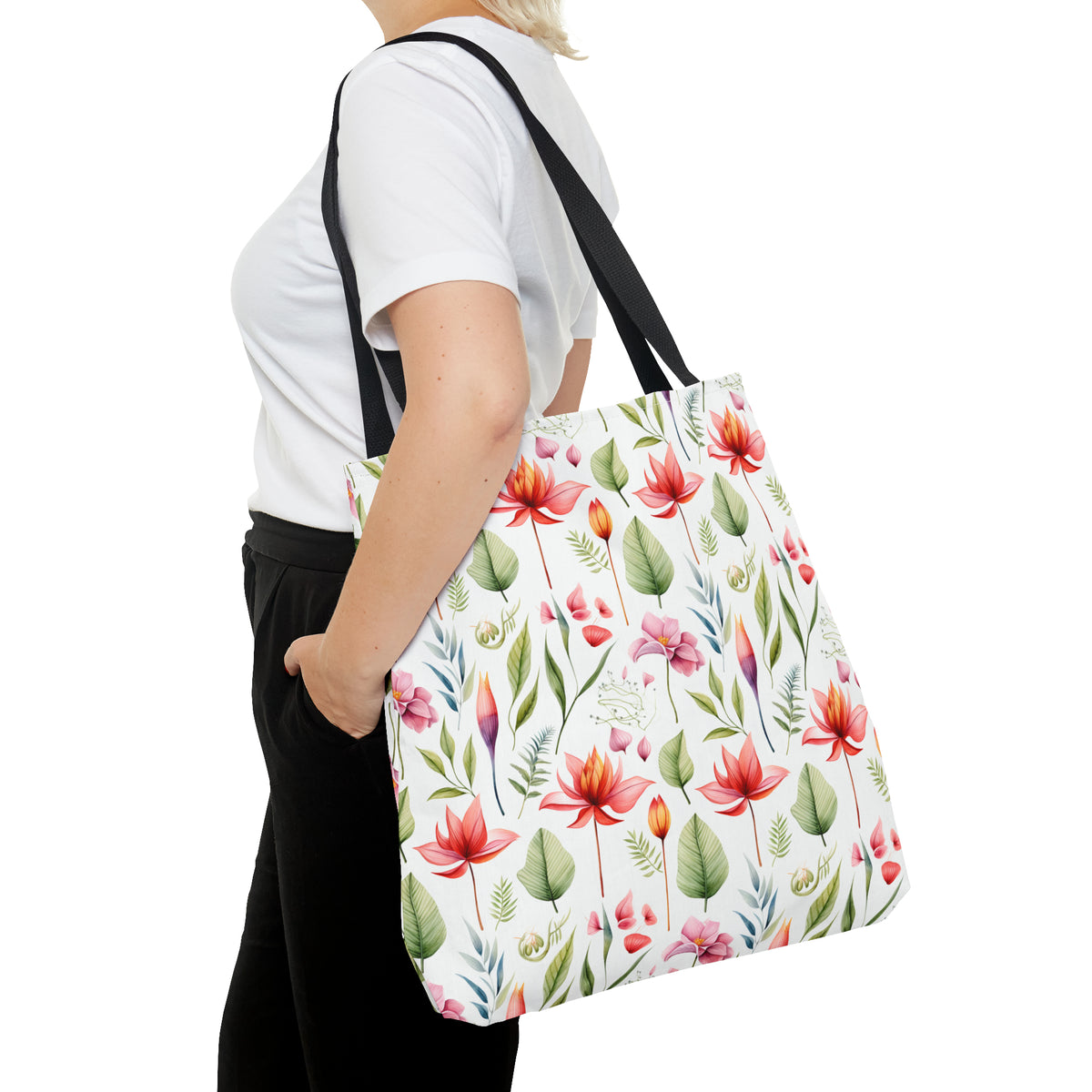 Red Botanicals Floral Pattern, Watercolour, Flowers, Tote Bag (AOP)