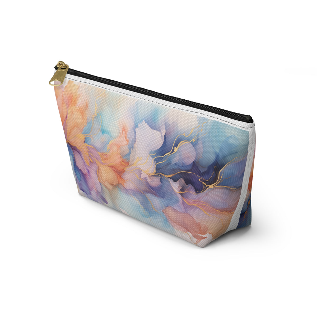 Orchid Purple, Teal Blue, Coral Reef, Watercolour, Gold Streaks, Marbled, Accessory Pouch w T-bottom