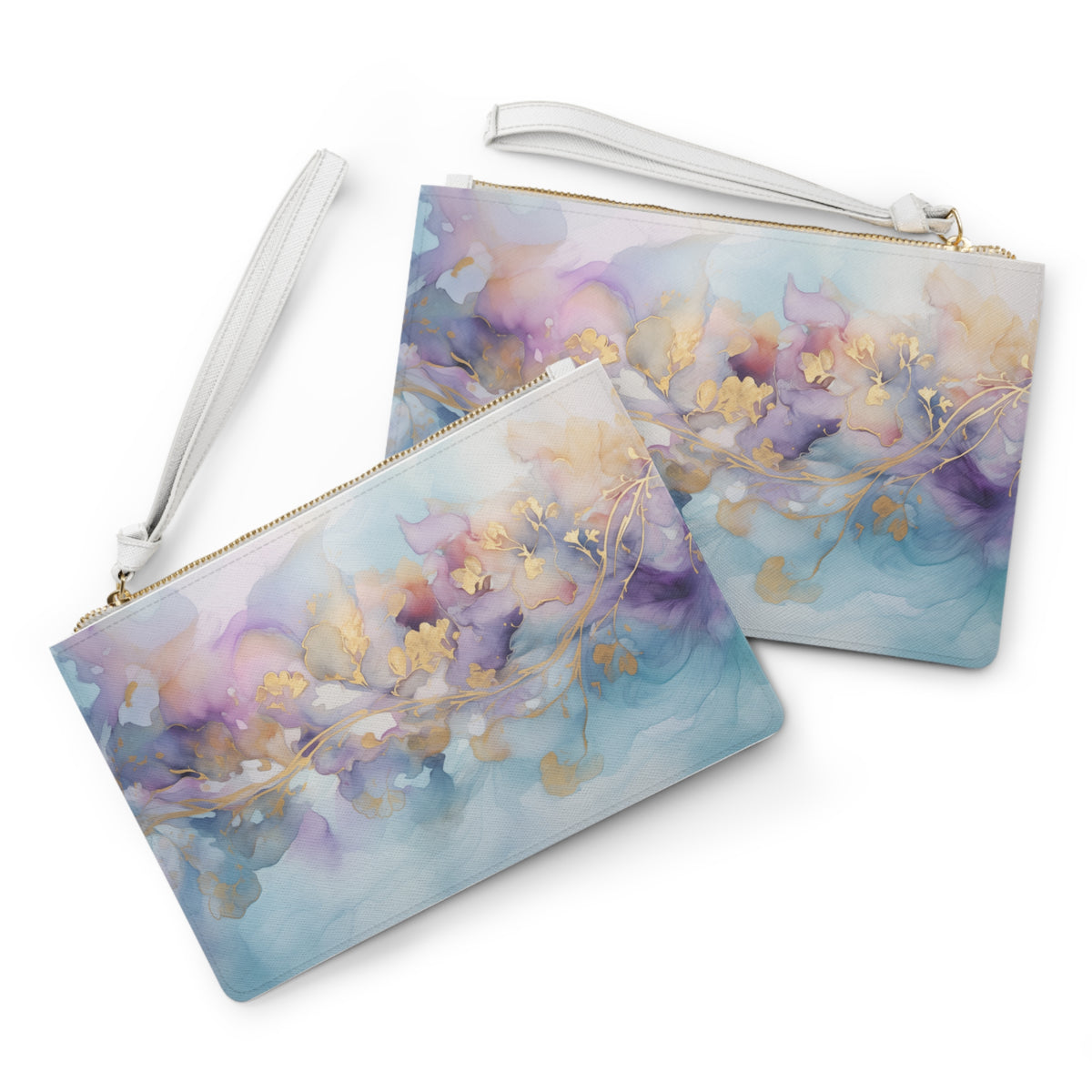 Orchid Purple, Teal Blue, Watercolour, Gold Streaks, Marbled, Clutch Bag