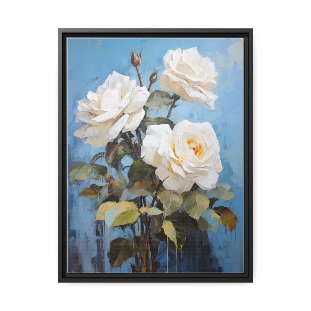 White Rose Flower, Oil Painting, Matte Canvas, Black Frame