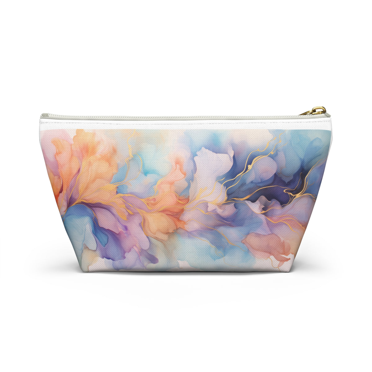 Orchid Purple, Teal Blue, Coral Reef, Watercolour, Gold Streaks, Marbled, Accessory Pouch w T-bottom