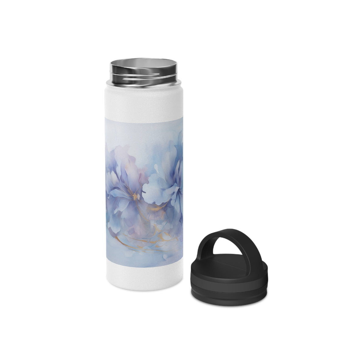 Ultramarine Blue, Payne's Gray, Pale Lavender, Watercolour, Gold Streaks, Marbled, Stainless Steel Water Bottle, Handle Lid