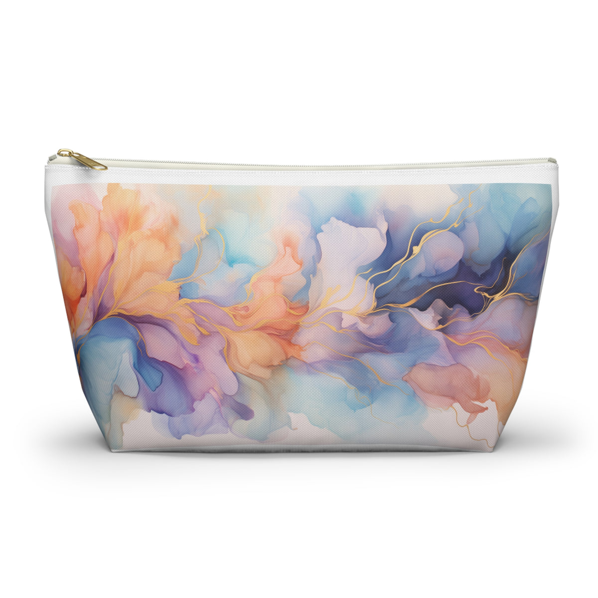 Orchid Purple, Teal Blue, Coral Reef, Watercolour, Gold Streaks, Marbled, Accessory Pouch w T-bottom