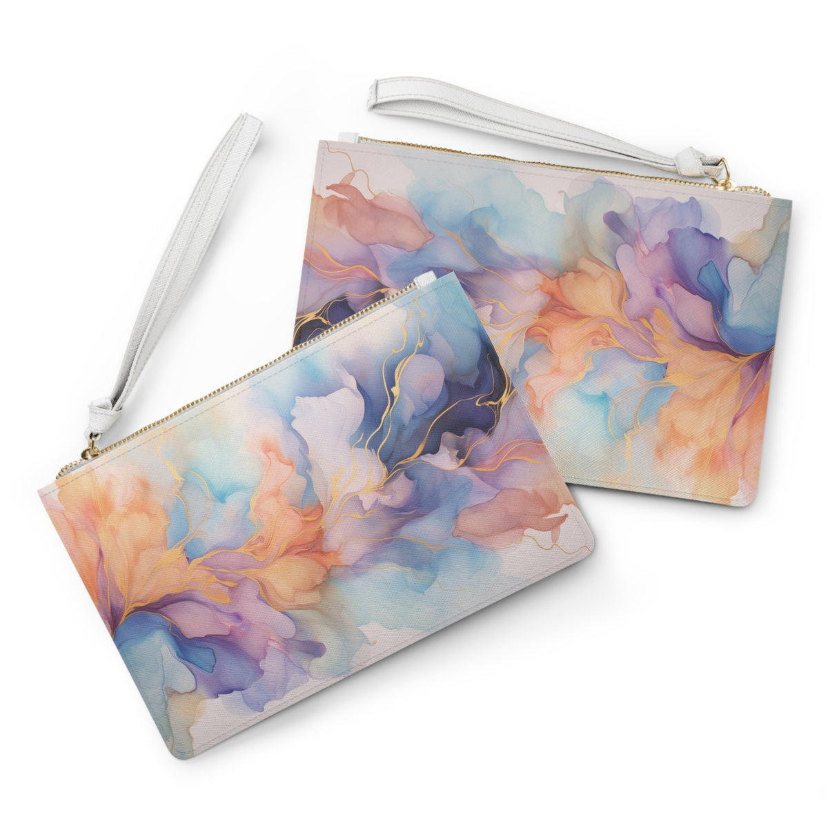 Orchid Purple, Teal Blue, Coral Reef, Watercolour, Gold Streaks, Marbled, Clutch Bag