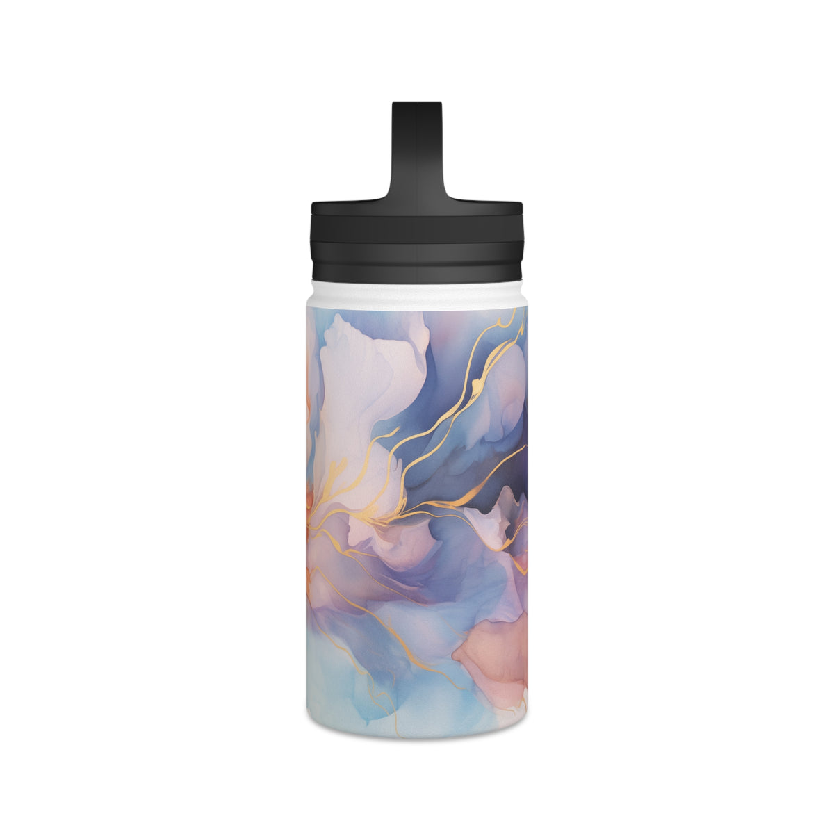 Orchid Purple, Teal Blue, Coral Reef, Watercolour, Gold Streaks, Marbled, Stainless Steel Water Bottle, Handle Lid