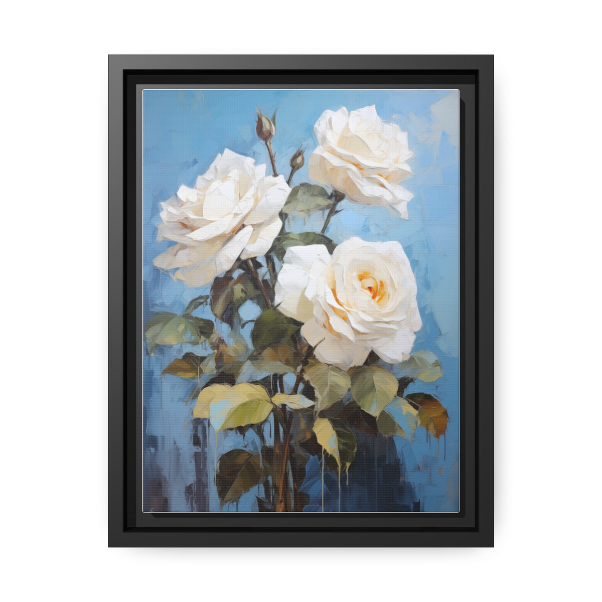 White Rose Flower, Oil Painting, Matte Canvas, Black Frame