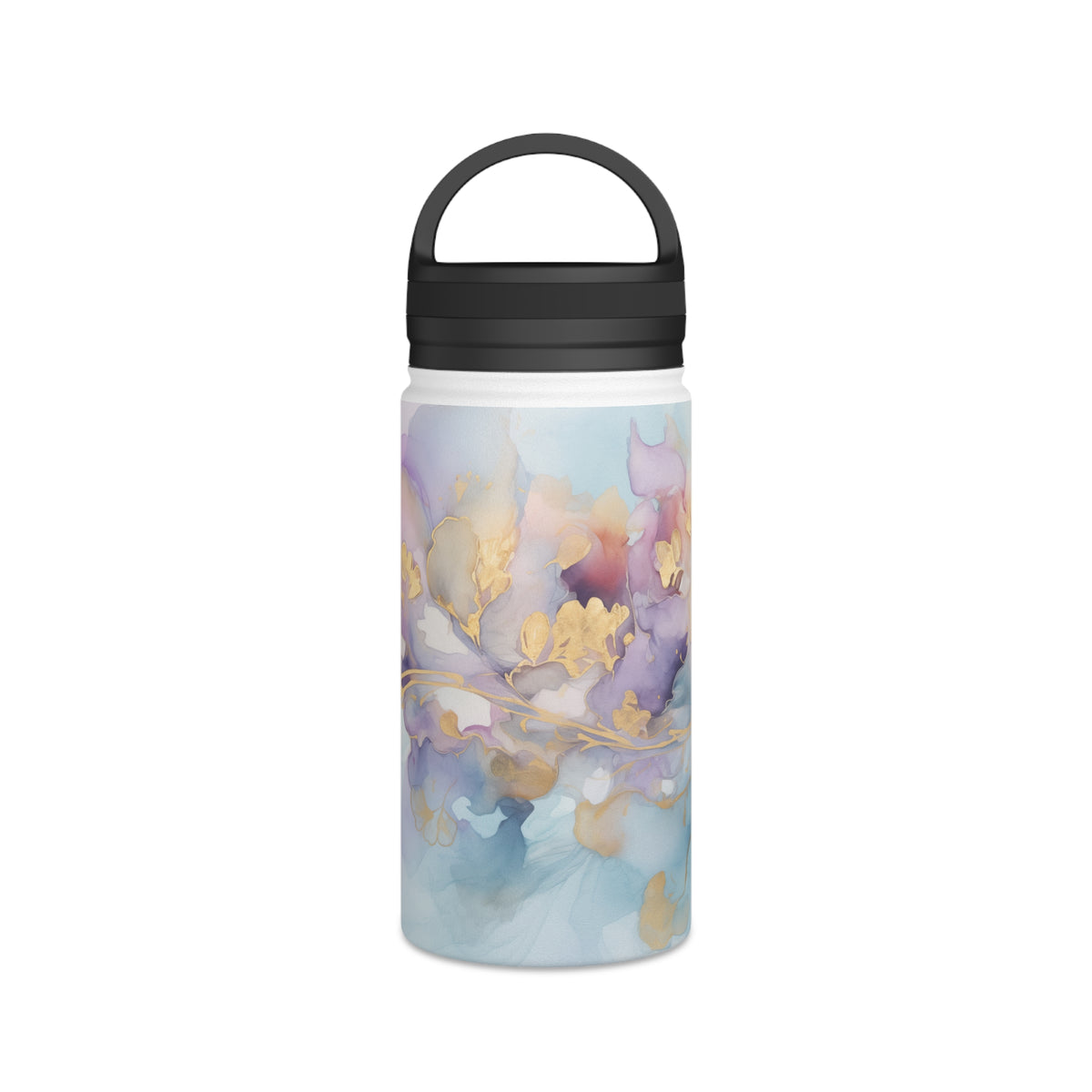 Orchid Purple, Teal Blue, Watercolour, Gold Streaks, Marbled, Stainless Steel Water Bottle, Handle Lid