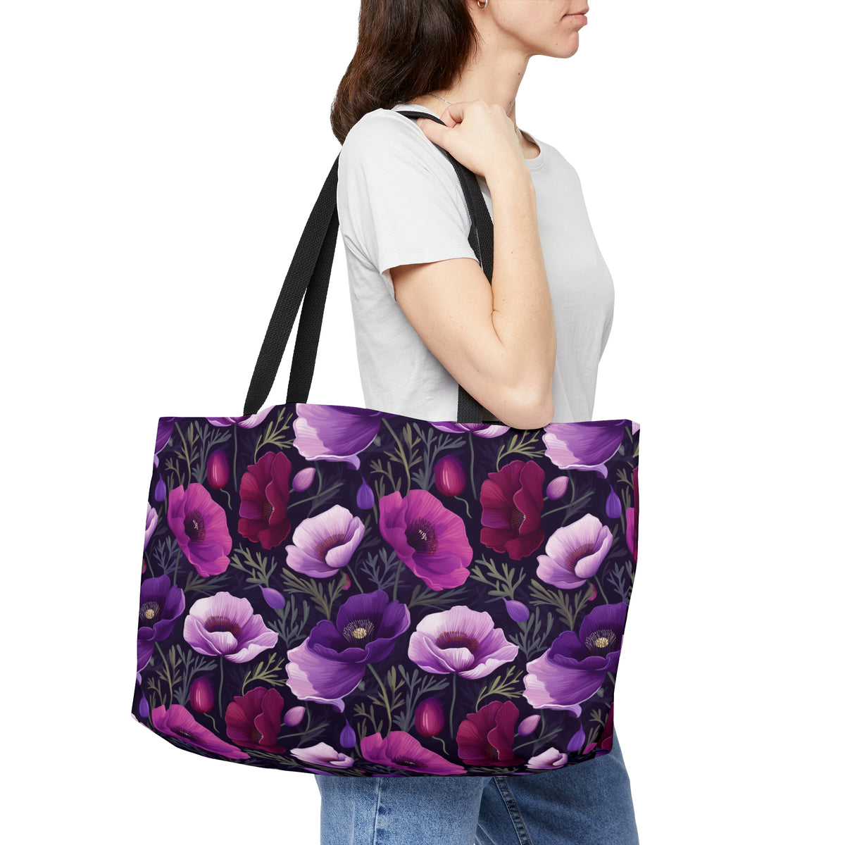 Purple Poppies Floral Pattern, Watercolour, Flowers, Weekender Tote Bag