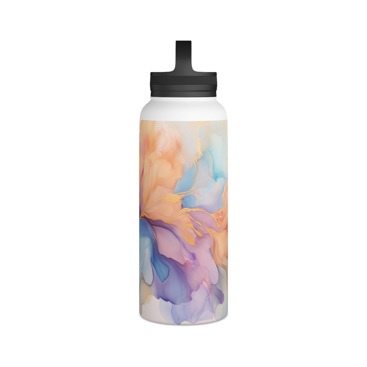 Orchid Purple, Teal Blue, Coral Reef, Watercolour, Gold Streaks, Marbled, Stainless Steel Water Bottle, Handle Lid