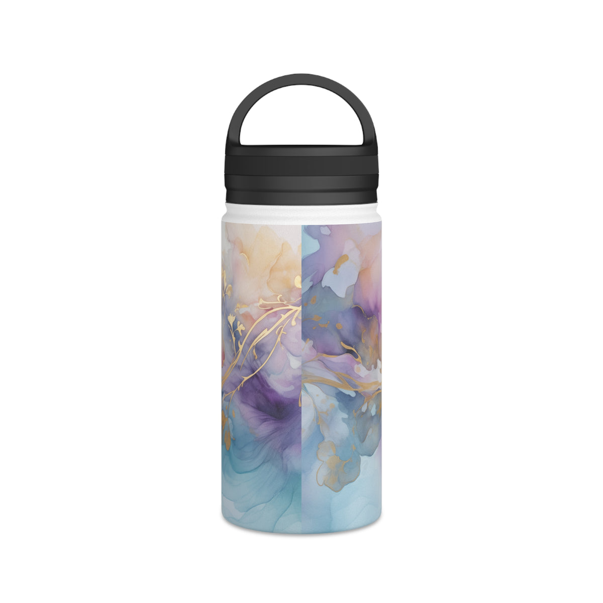 Orchid Purple, Teal Blue, Watercolour, Gold Streaks, Marbled, Stainless Steel Water Bottle, Handle Lid