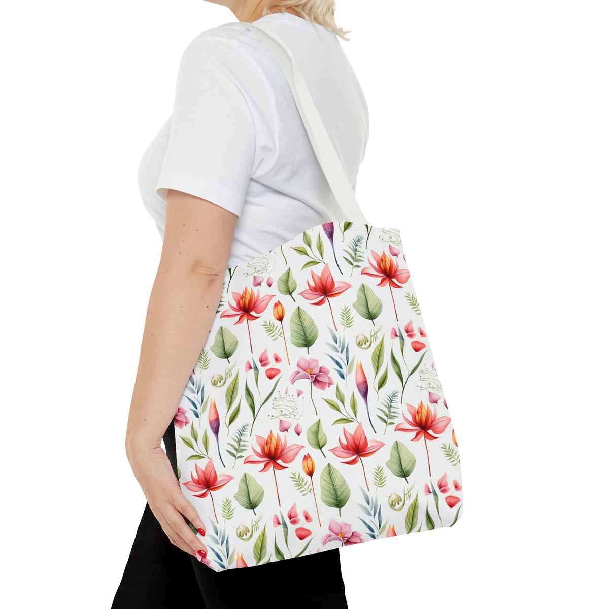 Red Botanicals Floral Pattern, Watercolour, Flowers, Tote Bag (AOP)