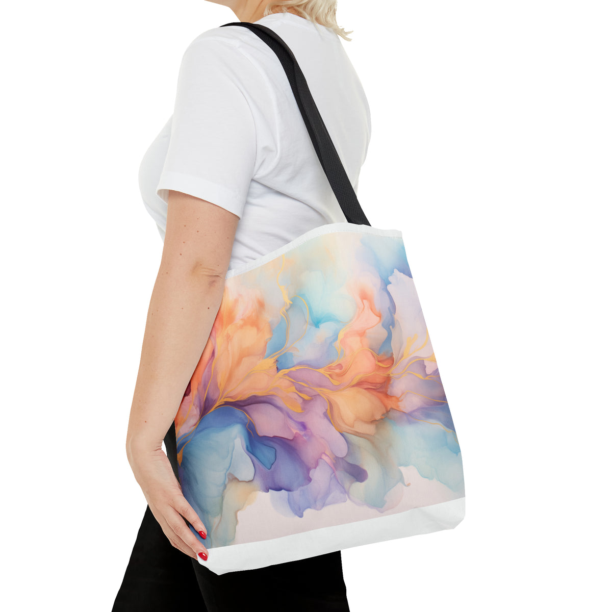 Orchid Purple, Teal Blue, Coral Reef, Watercolour, Gold Streaks, Marbled, Tote Bag (AOP)