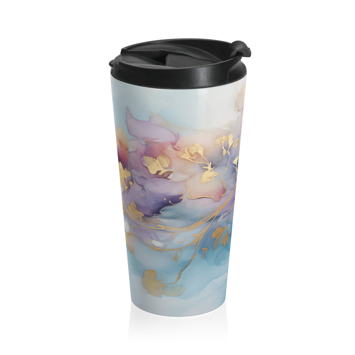 Orchid Purple, Teal Blue, Watercolour, Gold Streaks, Marbled, Stainless Steel Travel Mug