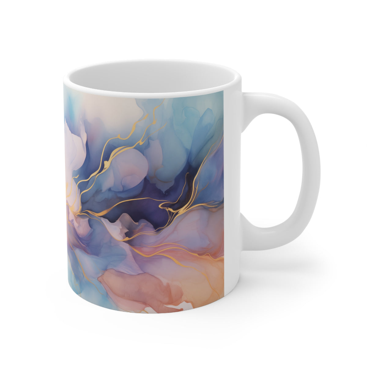 Orchid Purple, Teal Blue, Coral Reef, Watercolour, Gold Streaks, Marbled, Ceramic Coffee Cup, 11oz