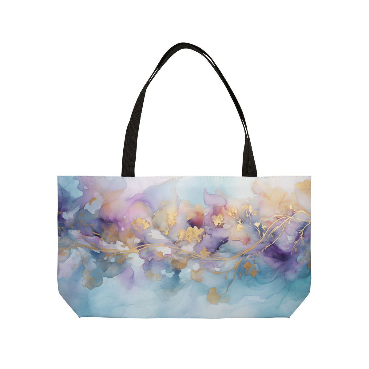 Orchid Purple, Teal Blue, Watercolour, Gold Streaks, Marbled, Weekender Tote Bag