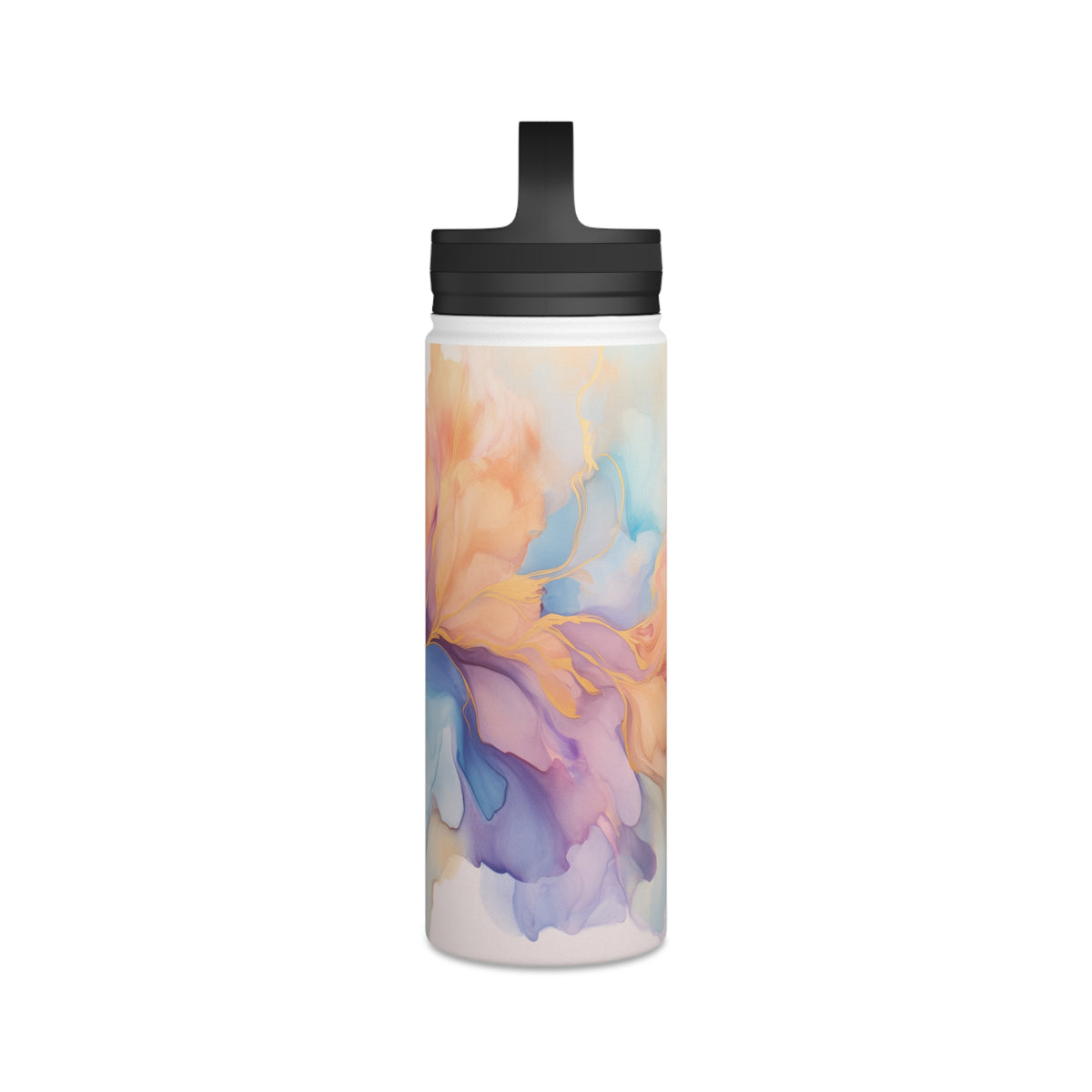 Orchid Purple, Teal Blue, Coral Reef, Watercolour, Gold Streaks, Marbled, Stainless Steel Water Bottle, Handle Lid