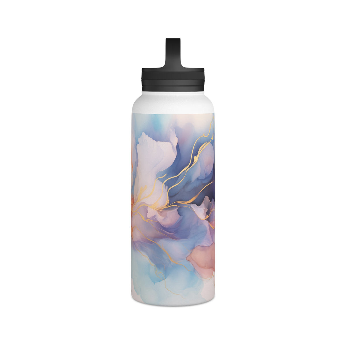 Orchid Purple, Teal Blue, Coral Reef, Watercolour, Gold Streaks, Marbled, Stainless Steel Water Bottle, Handle Lid