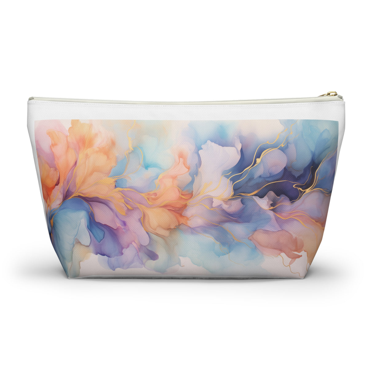 Orchid Purple, Teal Blue, Coral Reef, Watercolour, Gold Streaks, Marbled, Accessory Pouch w T-bottom