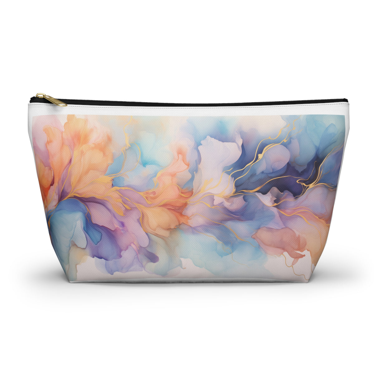 Orchid Purple, Teal Blue, Coral Reef, Watercolour, Gold Streaks, Marbled, Accessory Pouch w T-bottom