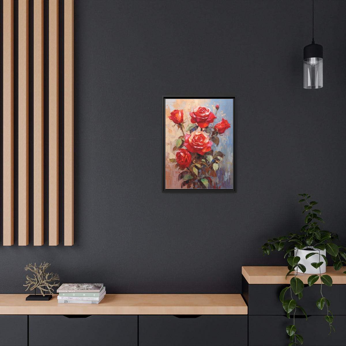 Red Rose Flower, Oil Painting, Matte Canvas, Black Frame