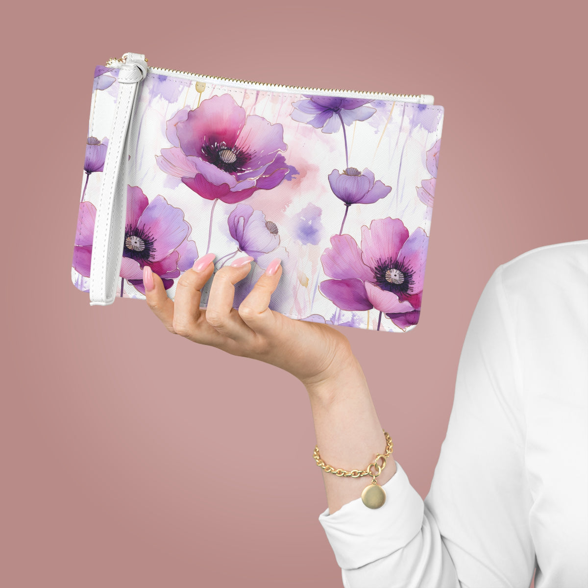 Purple Poppies Floral Pattern, Watercolour, Flowers, Clutch Bag