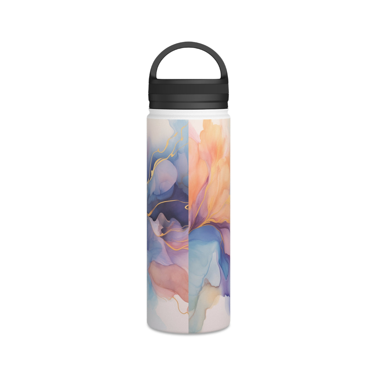 Orchid Purple, Teal Blue, Coral Reef, Watercolour, Gold Streaks, Marbled, Stainless Steel Water Bottle, Handle Lid