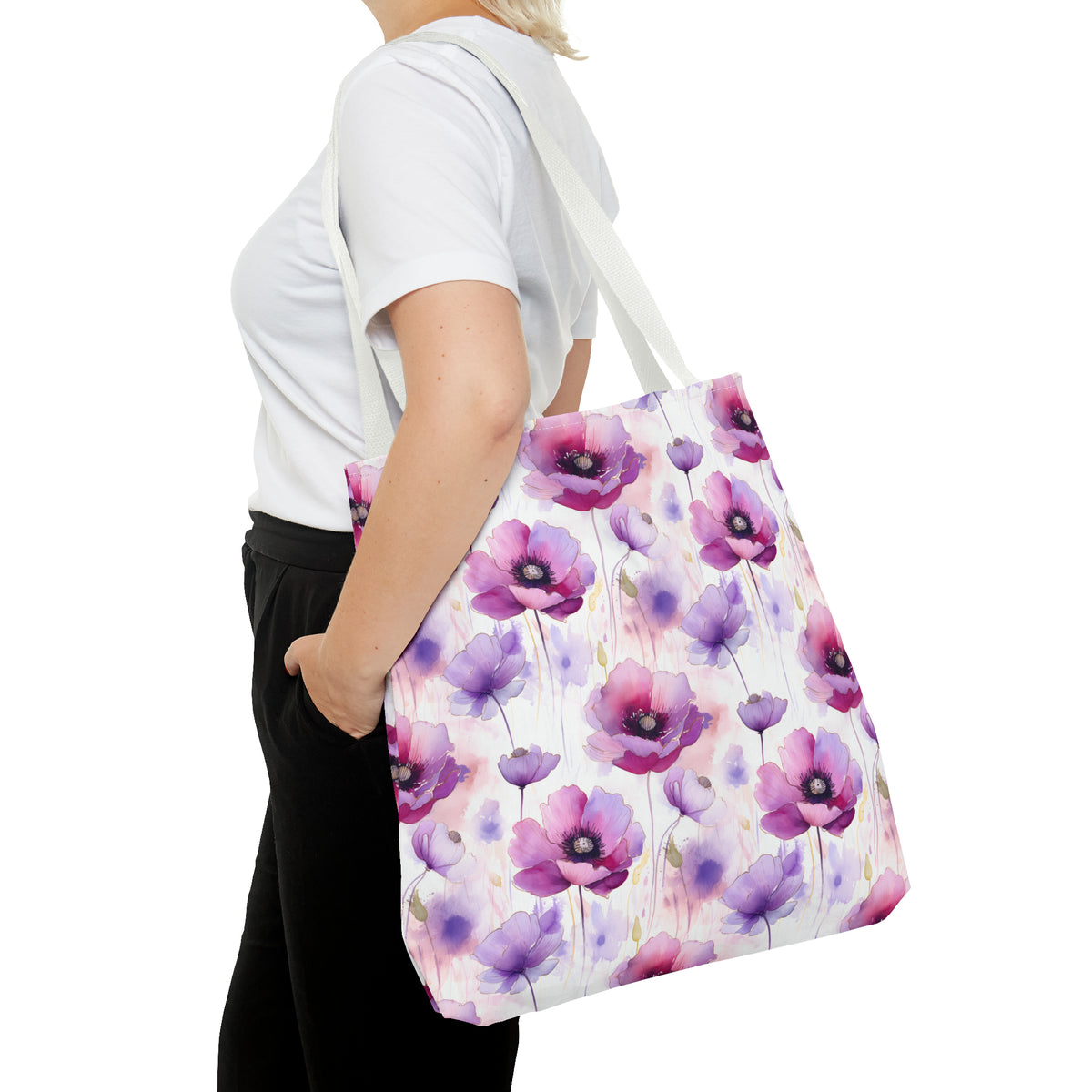 Purple Poppies Floral Pattern, Watercolour, Flowers, Tote Bag (AOP)