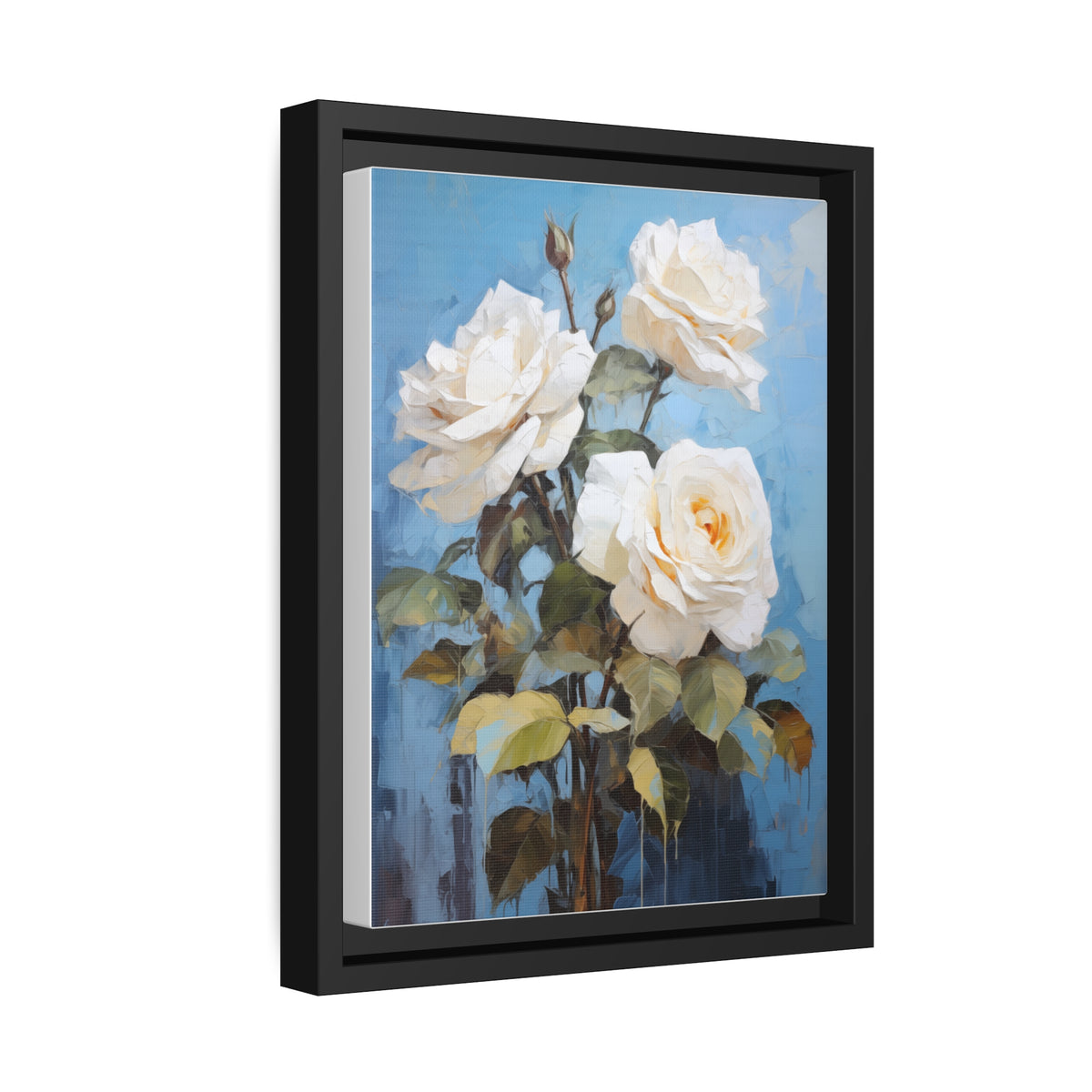 White Rose Flower, Oil Painting, Matte Canvas, Black Frame