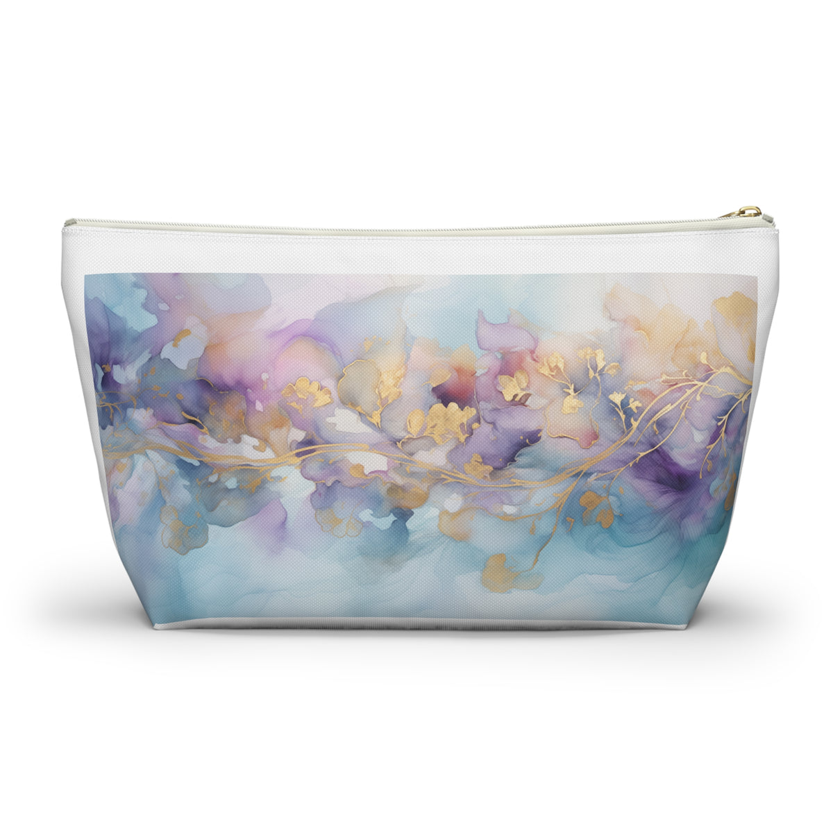 Orchid Purple, Teal Blue, Watercolour, Gold Streaks, Marbled, Accessory Pouch w T-bottom