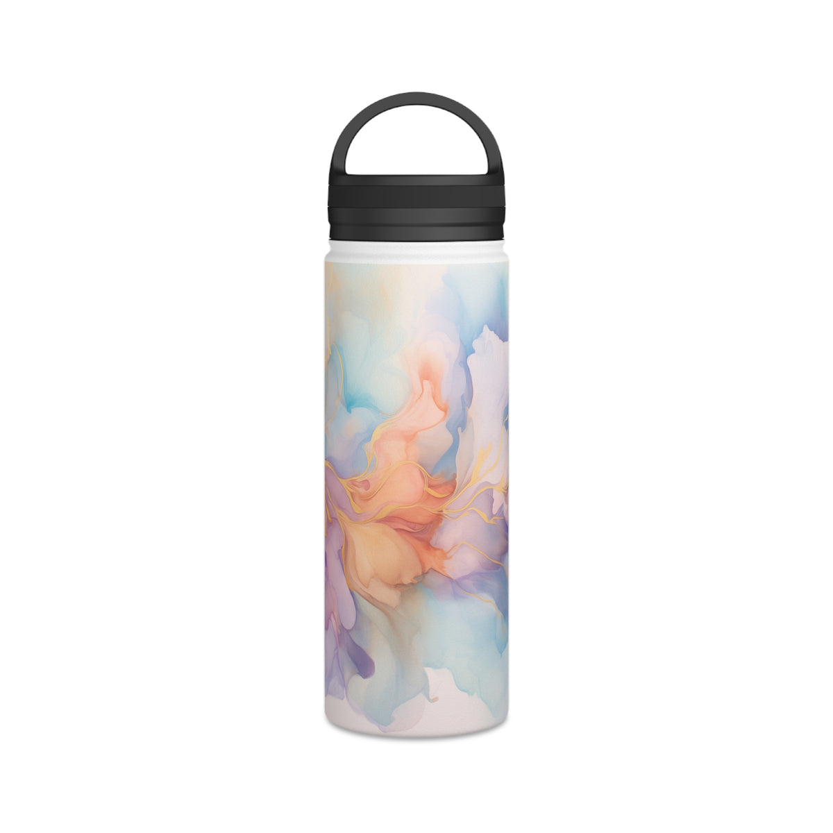 Orchid Purple, Teal Blue, Coral Reef, Watercolour, Gold Streaks, Marbled, Stainless Steel Water Bottle, Handle Lid