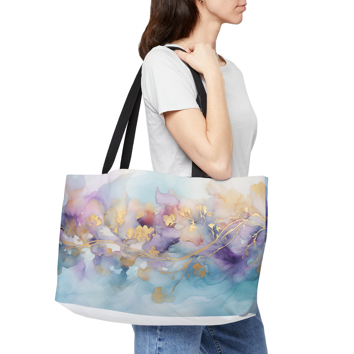 Orchid Purple, Teal Blue, Watercolour, Gold Streaks, Marbled, Weekender Tote Bag