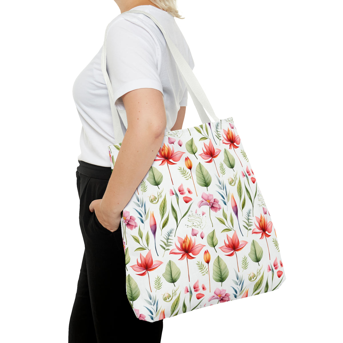 Red Botanicals Floral Pattern, Watercolour, Flowers, Tote Bag (AOP)