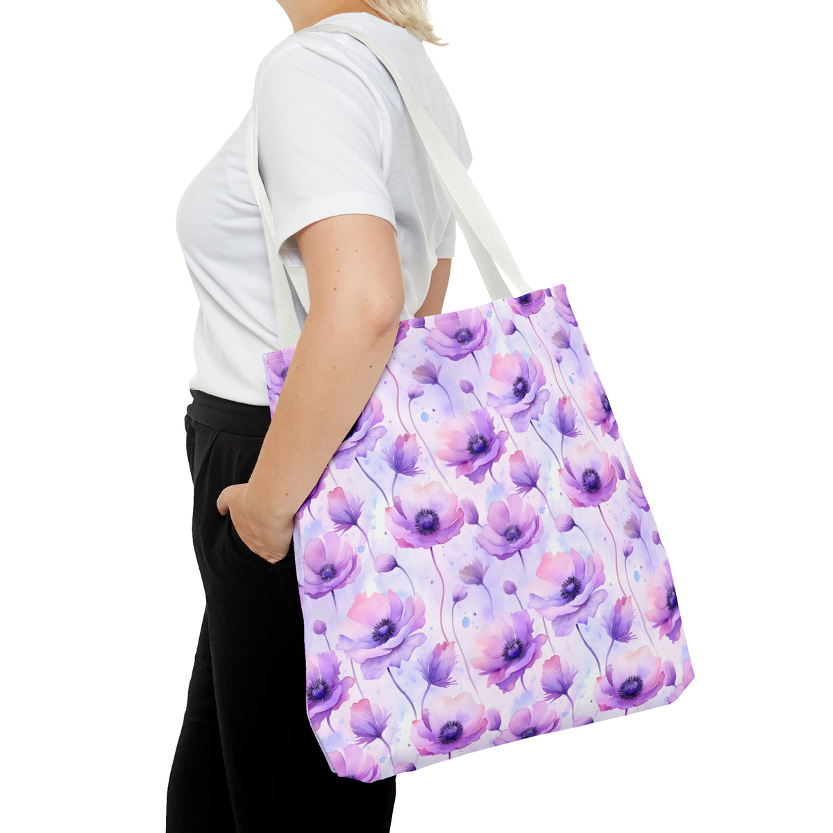 Purple Poppies Floral Pattern, Watercolour, Flowers, Tote Bag (AOP)