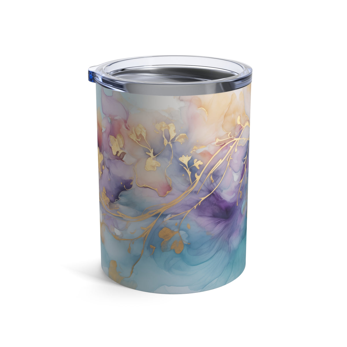 Orchid Purple, Teal Blue, Watercolour, Gold Streaks, Marbled, Tumbler 10oz