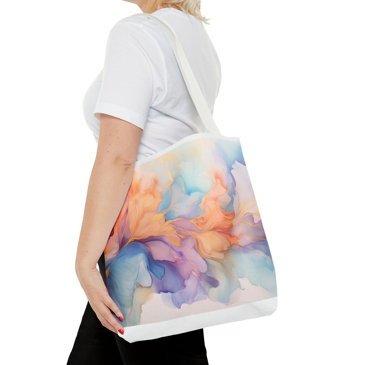 Orchid Purple, Teal Blue, Coral Reef, Watercolour, Gold Streaks, Marbled, Tote Bag (AOP)