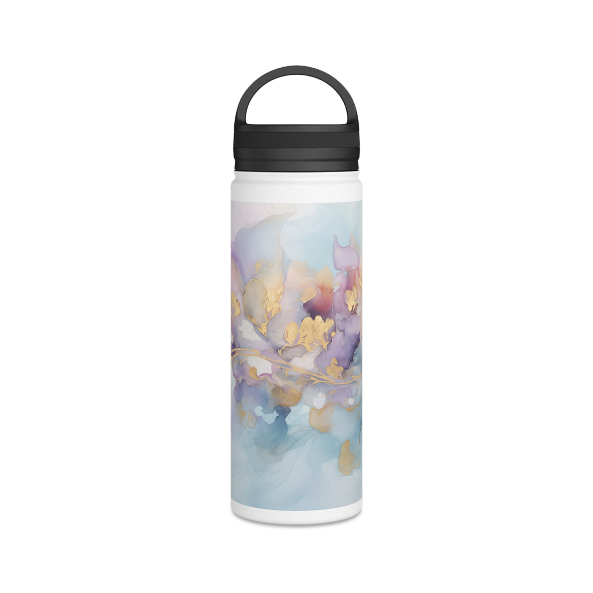 Orchid Purple, Teal Blue, Watercolour, Gold Streaks, Marbled, Stainless Steel Water Bottle, Handle Lid