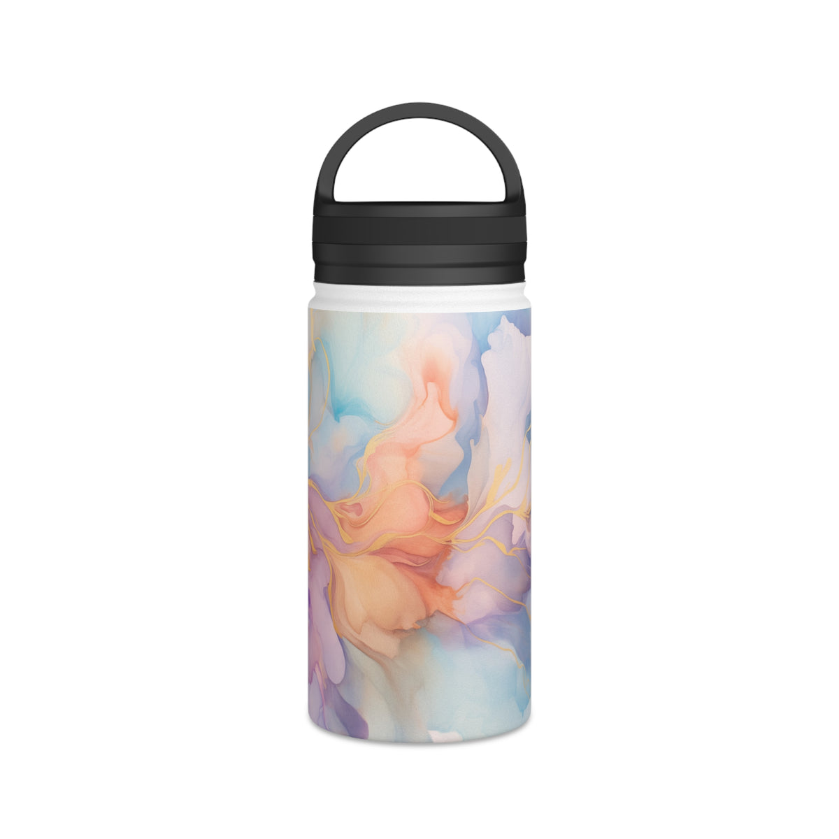 Orchid Purple, Teal Blue, Coral Reef, Watercolour, Gold Streaks, Marbled, Stainless Steel Water Bottle, Handle Lid