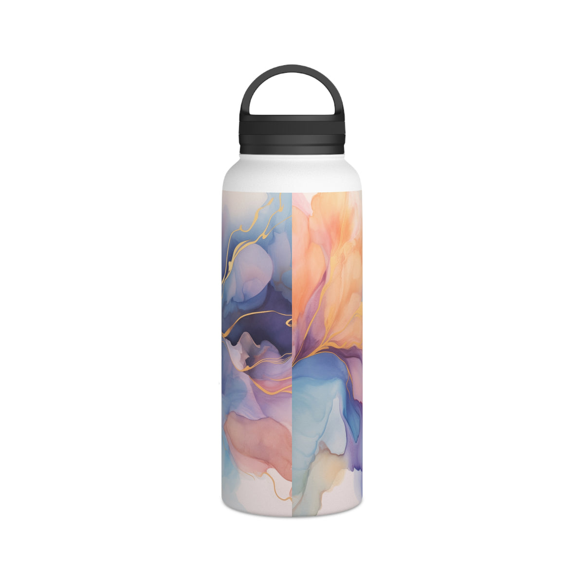 Orchid Purple, Teal Blue, Coral Reef, Watercolour, Gold Streaks, Marbled, Stainless Steel Water Bottle, Handle Lid