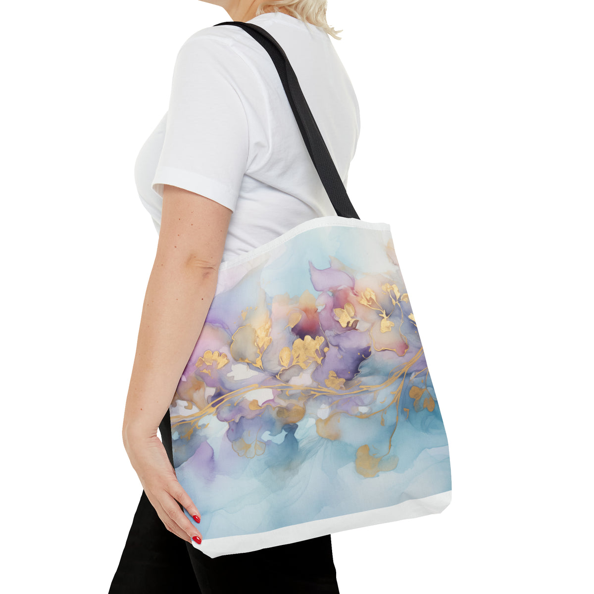 Orchid Purple, Teal Blue, Watercolour, Gold Streaks, Marbled,Tote Bag (AOP)