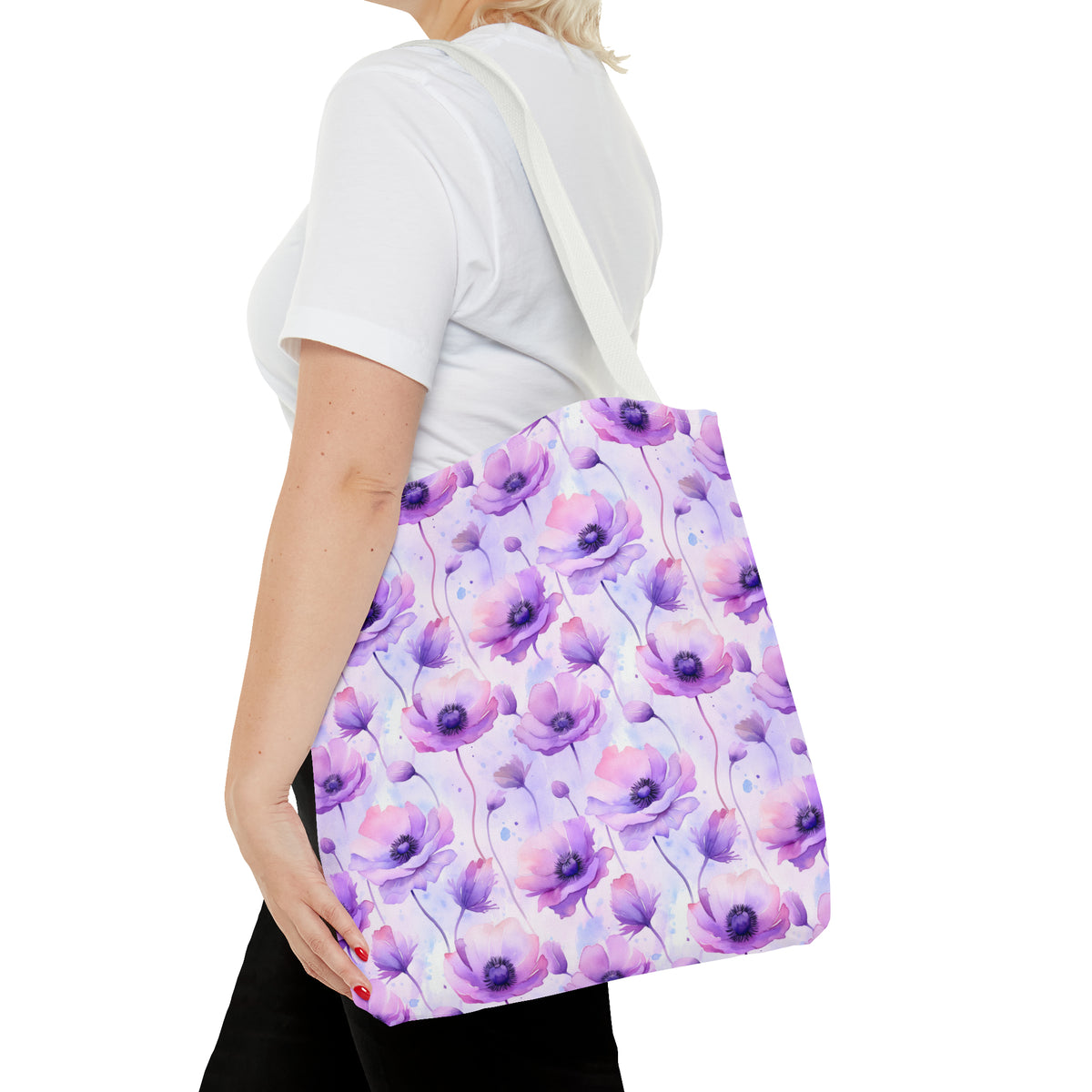 Purple Poppies Floral Pattern, Watercolour, Flowers, Tote Bag (AOP)