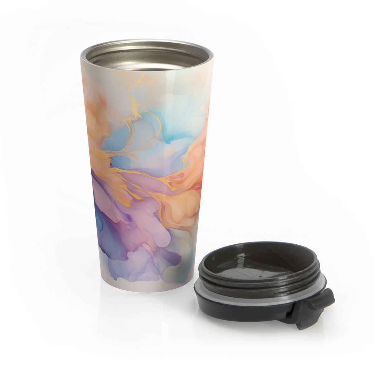 Orchid Purple, Teal Blue, Coral Reef, Watercolour, Gold Streaks, Marbled, Stainless Steel Travel Mug