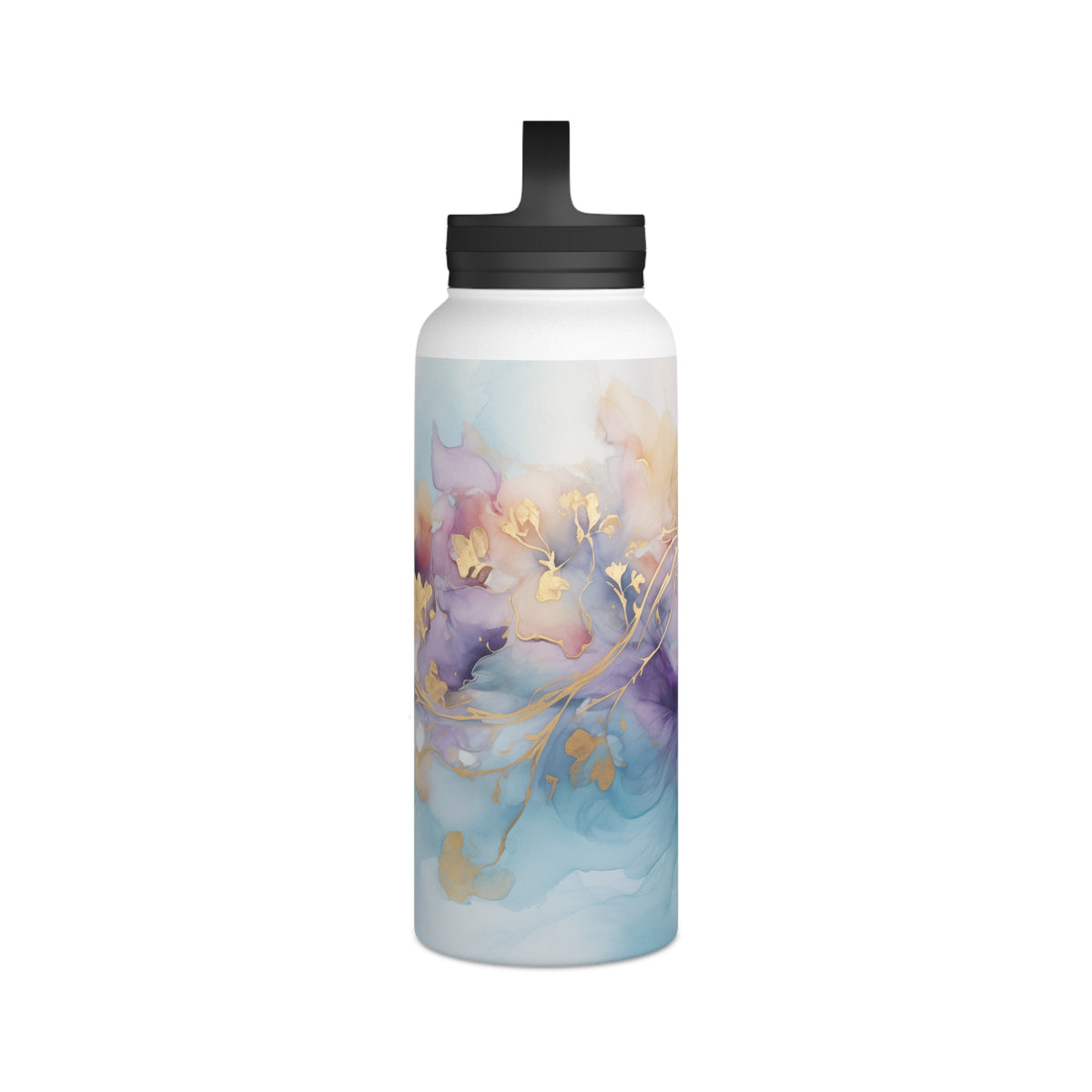 Orchid Purple, Teal Blue, Watercolour, Gold Streaks, Marbled, Stainless Steel Water Bottle, Handle Lid