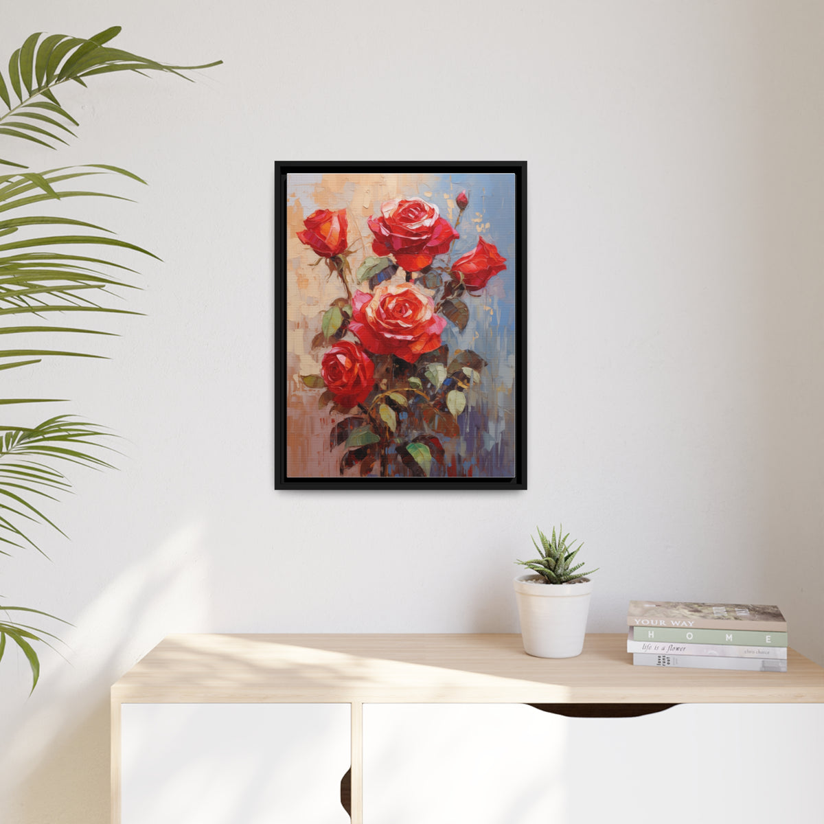 Red Rose Flower, Oil Painting, Matte Canvas, Black Frame