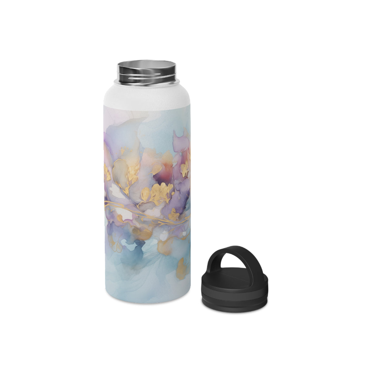 Orchid Purple, Teal Blue, Watercolour, Gold Streaks, Marbled, Stainless Steel Water Bottle, Handle Lid