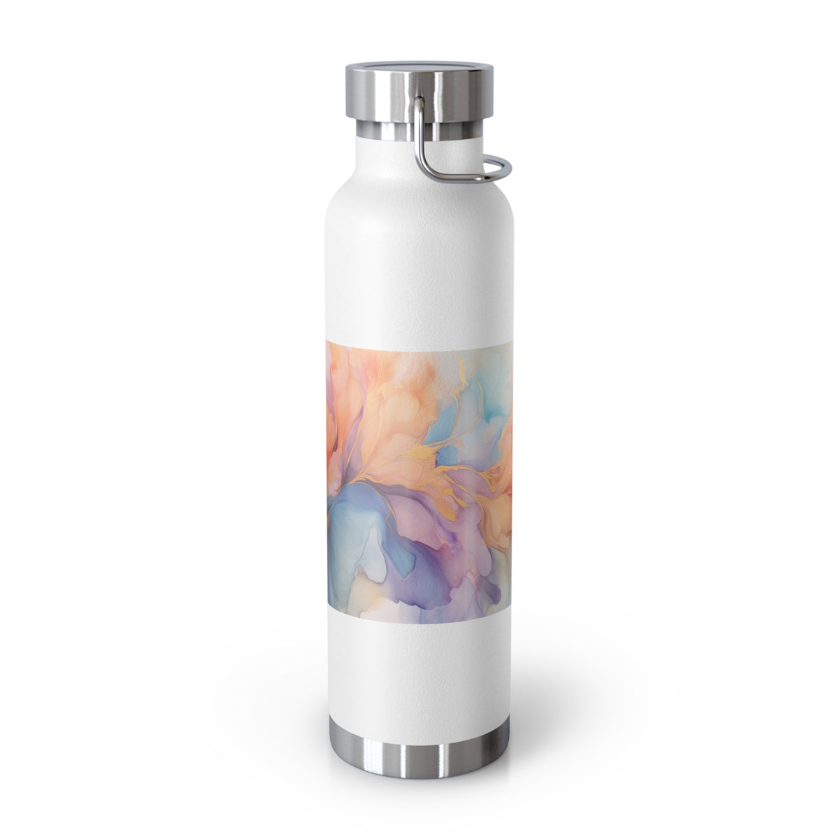 Orchid Purple, Teal Blue, Coral Reef, Watercolour, Gold Streaks, Marbled, Copper Vacuum Insulated Bottle, 22oz